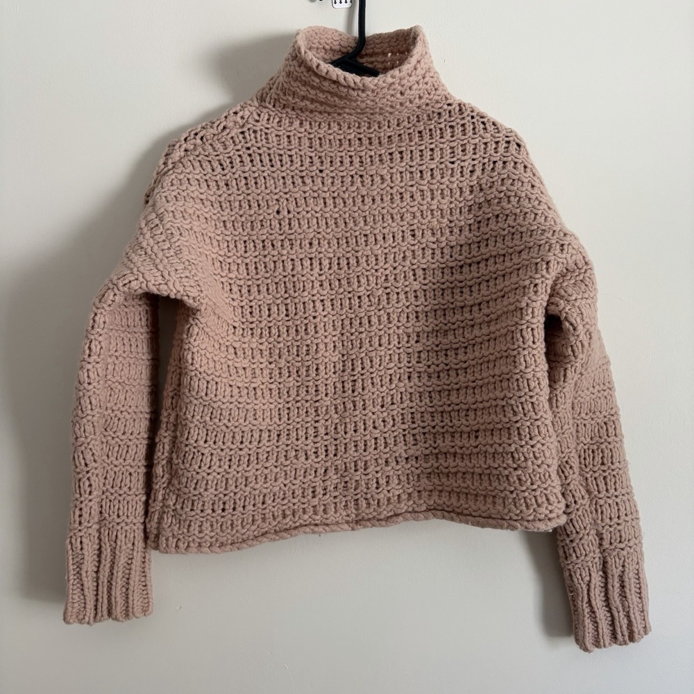 Free People XS/S Wool Blend Chunky Knit Mock Neck Sweater Dusty‎ Rose Pink